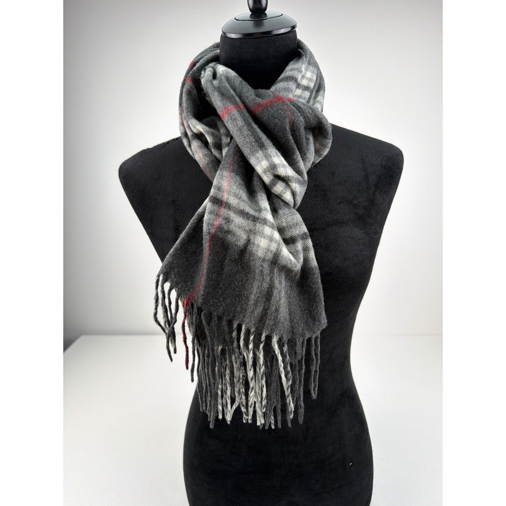 V. Fraas Cashmink Scarf Unisex Grey Red Plaid Fringed Soft Winter Classic